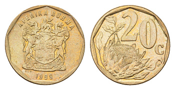 ЮАР 20 центов 1999 герб, цветок протея KM 162 сталь плакированная латунью UNC 4694-912