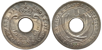 Британская Восточная Африка и Уганда 1 цент 1909 Эдуард VII (1902-1910) KM 5a медно-никель UNC 4556-543