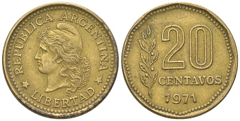 Аргентина 20 сентаво 1971 KM 67 латунь 4611-615