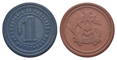 Чили, Антофагаста (Antofagasta) шахтерский жетон с Селитряного рудника для покупки в местных магазинах, номиналом в 1 песо около 1904 диаметр 35 мм, вес 3,87 гр Espinosa 22.8 эбонит (синий) 1094-11-31