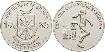 Гвинея 100 франков 1988 XXV олимпийские игры в Барселоне, дискобол, матовая KM 57 серебро UNC 11-076-25