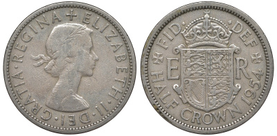 Великобритания 1/2 кроны 1954 Елизавета II (1952-2022) KM 907, Spink 4145 медно-никель 4131-625