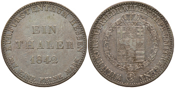 Гессен-Кассель 1 талер 1842 КМ 587, Jaeger 32, Thun 184, AKS 46, Kahnt 252 серебро 00-000-00