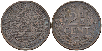Нидерланды 2 1/2 цента 1929 Вильгельмина (1890-1948) KM 150 бронза 31-953