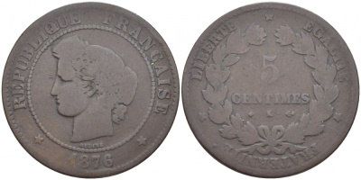 ФРАНЦИЯ 5 САНТИМОВ 1876 K, ТРЕТЬЯ РЕСПУБЛИКА (1871-1940) KM 821.2, LE FRANC 118.15 бронза 4448-135