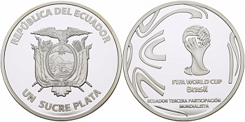 Эквадор 1 сукре 2014 чемпионат мира по футболу в Бразилии, кубок FIFA KM NEW серебро PROOF 01-148-33