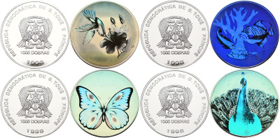 Сан-Томе и Принсипи набор из 4 монет по 1000 добра 1998 павлин, тропические рыбы, бабочка, колибри, цветная голограмма, в оригинальной коробке с сертификатом KM 79, 80, 81, 82 серебро PROOF 00-00