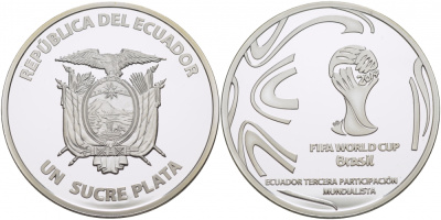 Эквадор 1 сукре 2014 чемпионат мира по футболу в Бразилии, кубок FIFA KM NEW серебро PROOF 01-148-33