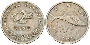 Хорватия 2 куна 1997 тунец, легенда на хорватском, самый редкий год выпуска KM 10 медь цинк никель 4448-1155
