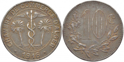 Алжир, Французская оккупация 10 сантимов 1916 Alger Chamber of Commerce KM TnA6 железо 114-925