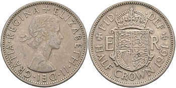 Великобритания 1/2 кроны 1961 Елизавета II (1952-2022) KM 907, Spink 4145 медно-никель 4587-1015