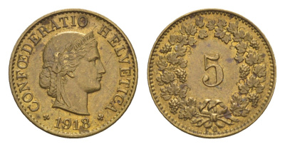 Швейцария 5 раппенов 1918 год-тип KM 26a латунь aUNC 1520-815