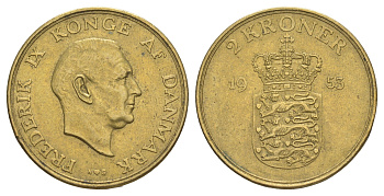 Дания 2 кроны 1953 N, Фредерик IX (1947-1972) KM 838 алюминиевая бронза aUNC 4634-533