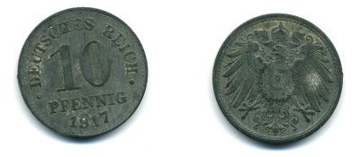 ГЕРМАНИЯ 10 ПФЕННИГОВ 1917 KM 26, J. 299 цинк 54-465