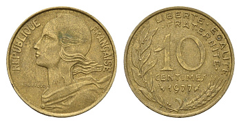 Франция 10 сантимов 1977 KM 929 алюминиевая бронза 188-1238