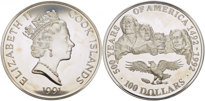 Острова Кука 100 долларов 1991 500 лет открытия Америки, мемориал президентов, 155 грамм KM 319 серебро PROOF 01-019-22-2