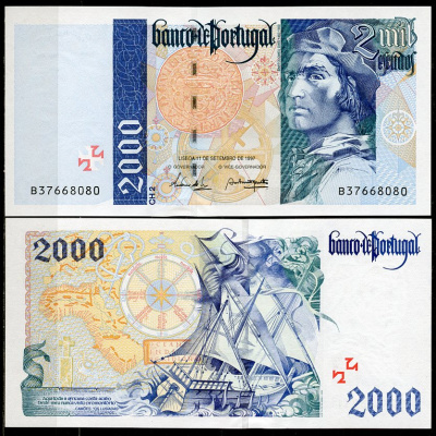 Португалия 2000 эскудо 1997 Бартоломеу Диаш, парусник, компас, карта Pick 189 c (7)  бумага  UNC (пресс) 451-1191-2