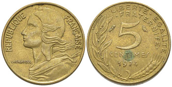 ФРАНЦИЯ 5 САНТИМОВ 1974 ТИП MARIANNE KM 933, LE FRANC 125.10 алюминиевая бронза 116-443