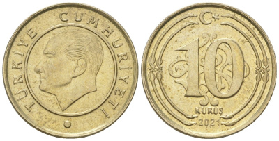 Турция 10 курушей 2021 KM 1241 медь цинк никель 4124-1157