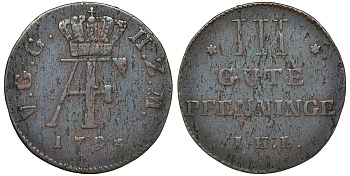 Мекленбург-Стрелиц 3 пфеннига 1793 IHL, Адольф Фридрих IV (1752-1794) KM 75, Kunzel 616, Jaeger 101 медь 4516-365