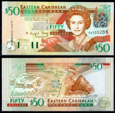 Восточные Карибы 50 долларов 2003 королева Елизавета II (1952-2022). Бримстоун-Хилл Pick 45 k бумага UNC (пресс) 451-370-1