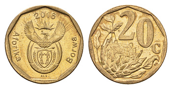 ЮАР 20 центов 2016 герб, цветок протея KM 327 сталь плакированная бронзой UNC 4687-664