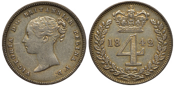 Великобритания 4 пенса 1842 Виктория (1837-1901) KM 732, Spink 3917 серебро aUNC 1524-215