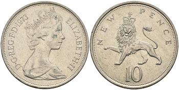 Великобритания 10 пенсов 1973 Елизавета II (1952-2022) KM 912, Spink 4231 (F1) медно-никель 4683-423