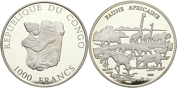 Конго 1000 франков 2002 Африканская фауна серебро PROOF 1077-3-54