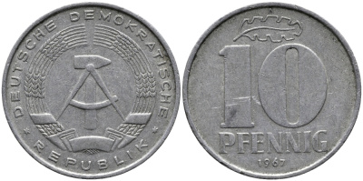 ГДР 10 ПФЕННИГОВ 1967 А KM 10 алюминий 33-322