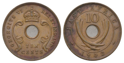 Британская Восточная Африка 10 центов 1942 Георг VI (1936-1952) KM 26 бронза 3333-116