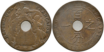 Французский Индокитай 1 цент 1923 р KM 12.3 бронза 4538-122