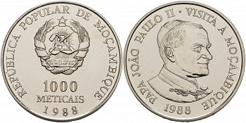 Мозамбик 1000 метикалей 1988 визит в Мозамбик папы Иоанна Павла II KM 109 медно-никель UNC 1076-9-53