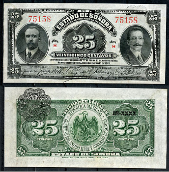 Мексика, Estado de Sonora, Hermosillo 25 сентаво 1915 Франсиско Игнасио Мадеро, Хосе Мария Пино Суарес Pick S 1069  бумага  UNC (пресс) 451-692-1