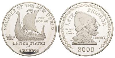 США 1 доллар 2000 P, Лейф Эрикссон KM 313 серебро PROOF 00-00