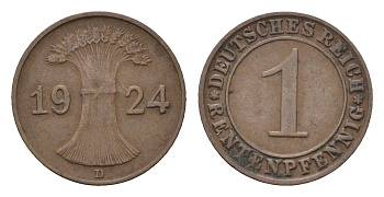 Германия 1 рентенпфенниг 1924 D KM 30, J. 306 бронза 4685-416