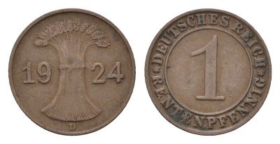 Германия 1 рентенпфенниг 1924 D KM 30, J. 306 бронза 4685-416