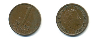 НИДЕРЛАНДЫ 1 ЦЕНТ 1956 ЮЛИАНА KM 180 бронза 80-953