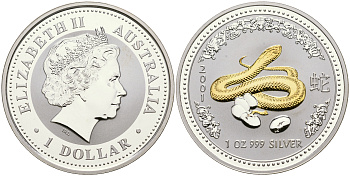 Австралия 1 доллар 2001 восточный календарь, год змеи KM 536a серебро, позолота PROOF 11-083-23