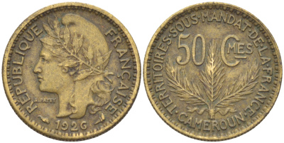 Французский Камерун 50 сантимов 1926 (а), монетный двор Париж KM 1 алюминиевая бронза 35-754