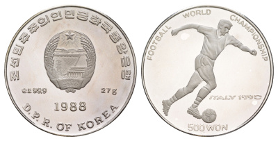 КНДР (Северная Корея) 500 вонов 1988 Чемпионат мира по футболу 1990, Италия KM 39 серебро PROOF 1066-2-54