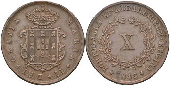 Португалия 10 реалов 1842 Мария II (1834-1853) KM 481 медь 272-1742