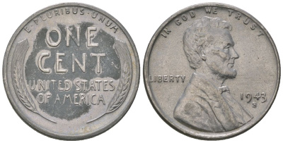 США 1 цент 1943 S (Сан-Франциско), Авраам Линкольн KM 132 a сталь покрытая цинком aUNC 112-339