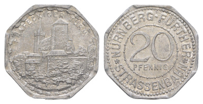Нюрнберг трамвайный (транспортный) жетон в 20 пфеннигов ND (1920-1921) пятиугольная башня Men05 19256.12, Men18 24102.12 алюминий 4638-341