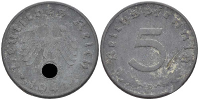 ГЕРМАНИЯ 5 РЕЙХСПФЕННИГОВ 1941 D KM 100, J. 370 цинк 105-254