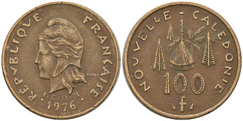 Французская Новая Каледония 100 франков 1976 R·JOLY (с точкой), хижина среди сосен и пальм, (IEOM) KM 15, Schoen 16, Lec 130 никель латунь 4137-642