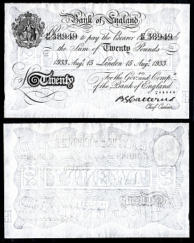 Англия 20 фунтов 1933 Лондон, 15 августа, Операция "Бернхард", фальшивка в ущерб денежному обращению Pick 330 x  бумага   451-1177-1-2