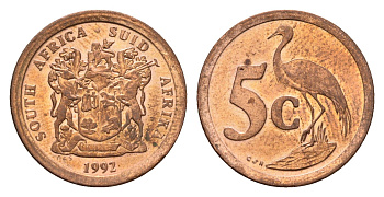 ЮАР 5 центов 1992 герб, райский журавль KM 134 сталь плакированная медью UNC 4687-156