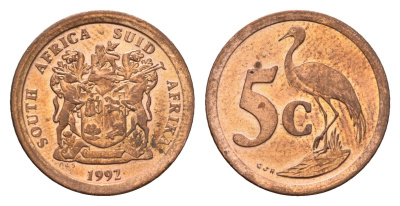 ЮАР 5 центов 1992 герб, райский журавль KM 134 сталь плакированная медью UNC 4687-156