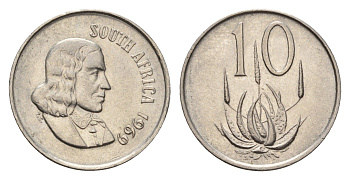 ЮАР 10 центов 1969 Ян ван Рибек (1619-1677), South Africa, легенда на африкаанс, цветок алоэ KM 68.1 никель 4687-329